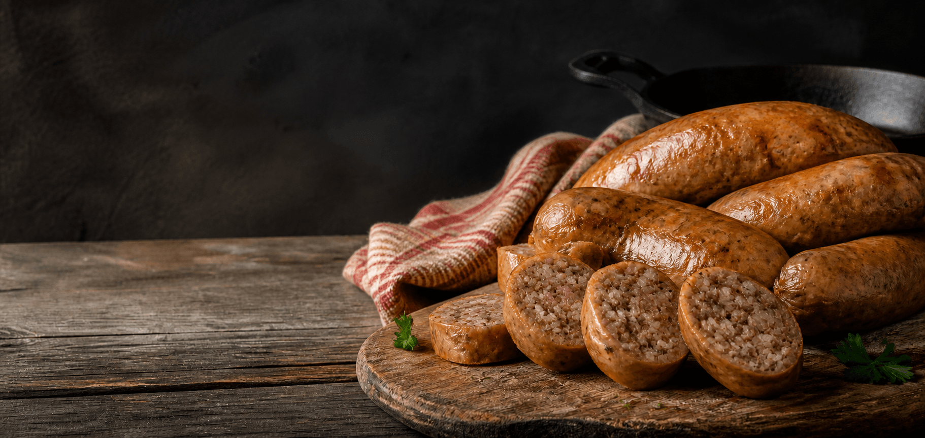 Louisiana boudin links sliced on a wooden board