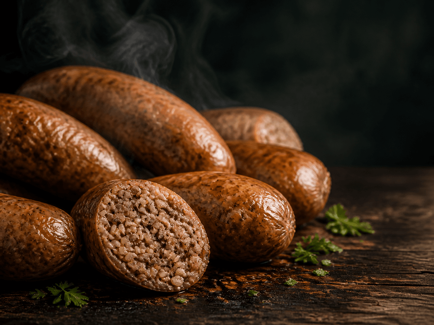 A cut Louisiana boudin link showing pork, rice, herbs, and seasoning