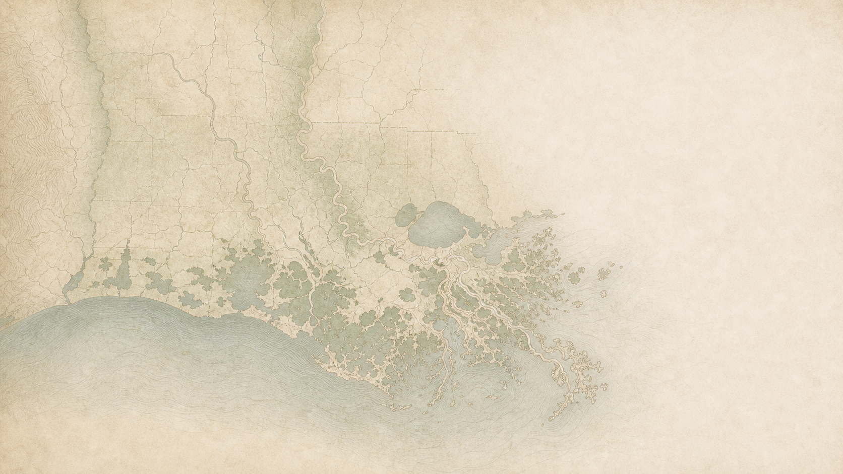 Illustrated map of South Louisiana and its Gulf Coast